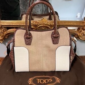 Tods Piccola satchel linen and croc embossed